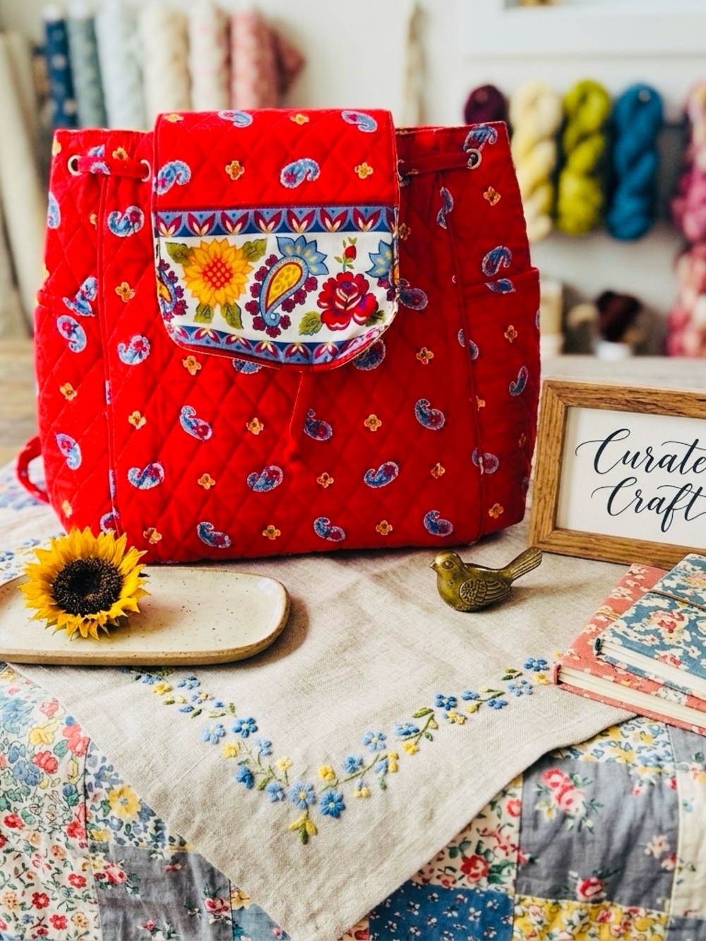 Quilted Red Floral-Paisley Backpack Tote